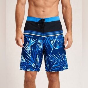 Burnside Blue Palm Print Board Shorts 32 Men’s Tropical Surf Swim Trunks Beach